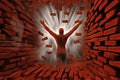 Breaking through boundaries an image of a person jumping through a wall of red bricks arms stretched wide Psychology