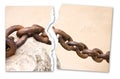 Breaking the chains - concept image with a ripped photo of an old rusty metal chain