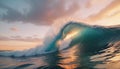 breaking colorful ocean wave falling down at sunset time