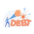 Breaking debt. Businessman trying to crush and smash the heavy debt burden