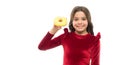 Breaking diet concept. Girl hold sweet donut white background. Child hungry for sweet donut. Sugar levels and healthy