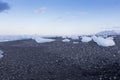 Breaking Ice from glacier on small black rock sand beach, Iceland