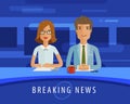 Breaking news. Anchorman on tv broadcast. Television, journalism, mass media concept. Vector flat illustration