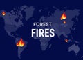 Breaking News bushfires Poster concept. Fires places on world map, forest fires centres. Banner design template for news
