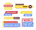 breaking news headers. streaming hot news signs, interface multicolored badges. display streaming interface banners Royalty Free Stock Photo