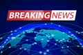 Breaking news live on blue world map background. Business technology concept Banner design. TV news Vector illustration Royalty Free Stock Photo