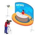 Breaking news reportage and press conference. Journalist interview an analyst. Flat 3d vector isometric illustration.