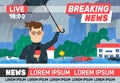 Breaking news reporter journalist live broadcasting  rainy weather  storm flood city Royalty Free Stock Photo