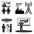 Breaking news stick figure vector icon pictogram. Journalist, camera man, speaker, tv presenter silhouette