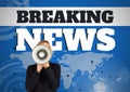 Breaking news text and Woman shouting in megaphone in front of world map