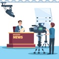 Breaking news tv show studio. Anchorman, cameraman, spotlights and camera vector illustration