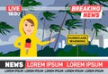 Breaking news woman reporter journalist wearing yellow rain coat live broadcasting stormy weather hurricane