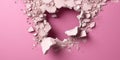 Breaking out of a hole in solid Pink wall, torn hole, empty copy space frame, mockup. Generative AI weber.