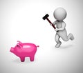 Breaking a piggy bank to access savings or cash - 3d illustration