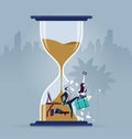 Breaking the time pressure. Businessman in rush breaking a sand clock. Business Concept vector