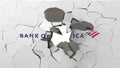 Crushing concrete wall with logo of Bank of America. Crisis related editorial 3D rendering