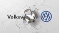 Crushing concrete wall with logo of Volkswagen. Crisis conceptual editorial 3D rendering