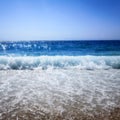 Breaking Wave of Blue Ocean on sandy beach Summer Background Royalty Free Stock Photo