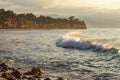 Breaking wave with foam and backwash curving across bay to penensulla and distant beach with rocky shoreline, at dawn Royalty Free Stock Photo