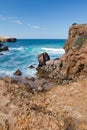 Breaking waves against rocks in turquoise water on atlantic ocean background Royalty Free Stock Photo