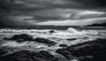 Breaking waves crash against dark cliffs in dramatic seascape generated by AI