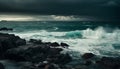 Breaking waves crash against rocky cliff in dramatic tropical storm generated by AI Royalty Free Stock Photo