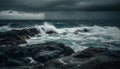 Breaking waves crash against rocky cliffs in dramatic seascape beauty