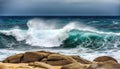 Breaking waves crash against rocky coastline, creating awe inspiring seascape generated by AI Royalty Free Stock Photo