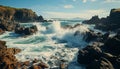 Breaking waves crash against rocky coastline, creating a stunning seascape generated by AI Royalty Free Stock Photo