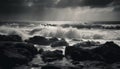 Breaking waves crash against rocky coastline in dramatic monochrome motion generated by AI