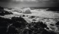 Breaking waves crash against rocky coastline, a dramatic monochrome seascape generated by AI