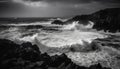 Breaking waves crash against rocky coastline, dramatic monochrome seascape generated by AI