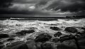 Breaking waves crash against rocky coastline in dramatic monochrome seascape generated by AI