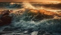 Breaking waves crash against rocky coastline at dusk, idyllic beauty generated by AI Royalty Free Stock Photo