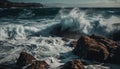 Breaking waves crash against rocky coastline, splashing blue waters generated by AI Royalty Free Stock Photo