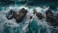 Breaking waves crash against rocky coastline, splashing spray generated by AI Royalty Free Stock Photo