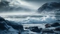 Breaking waves crash on rocky coastline, beauty in nature fury generated by AI