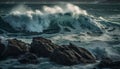 Breaking waves crash on rocky coastline, spraying foam generated by AI