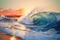 Breaking Waves and Fiery Skies: A Stunning Seashore Sunset Illus Royalty Free Stock Photo