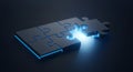 Breakthrough Solution: Metallic Puzzle Pieces Unite with Bright Blue Light for Business Success Royalty Free Stock Photo