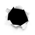 Breakthrough white paper hole. Torn ripped cardboard paper sheet round hole on black background isolated Royalty Free Stock Photo