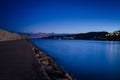 Breakwater at the entrance to the harbor of Peniscola at night, Castellon, Spain