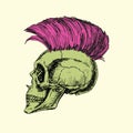 Breakwater iroquois type on skull profile, hand drawn doodle, sketch in woodcut style