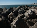 Breakwater made of boulders, rocks and moulded concrete on Atlantic coast of Portugal