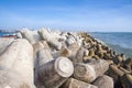 Breakwater in Portugal seashore formed by concrete blocks