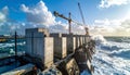 Construction of a Coastal Breakwater with Cranes and Crashing Waves Royalty Free Stock Photo