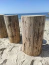 Breakwaters stump wooden. Shadows of people on the pier. Baltic Sea view from Svetlogorsk, Kaliningrad region Royalty Free Stock Photo