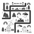 Bream Big, Little One - cute kids poster, mat or tapestry in Scandinavian style. Road, Mountains and Woods Adventure Map Royalty Free Stock Photo