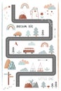 Bream Big, Little One - cute kids poster, mat or tapestry in Scandinavian style. Road, Mountains and Woods Adventure Map Royalty Free Stock Photo