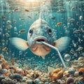 bream fish with straw in mouth pointing upwards blowing air bubbles swimming Royalty Free Stock Photo